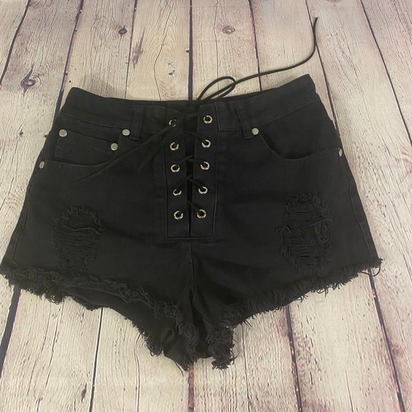 Ecru Lab Lace Up Ranger Black Distressed Shorts - Picture 2 of 8